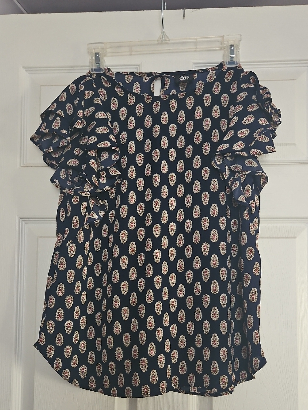 bobeau Navy Printed Ruffle Sleeve Blouse